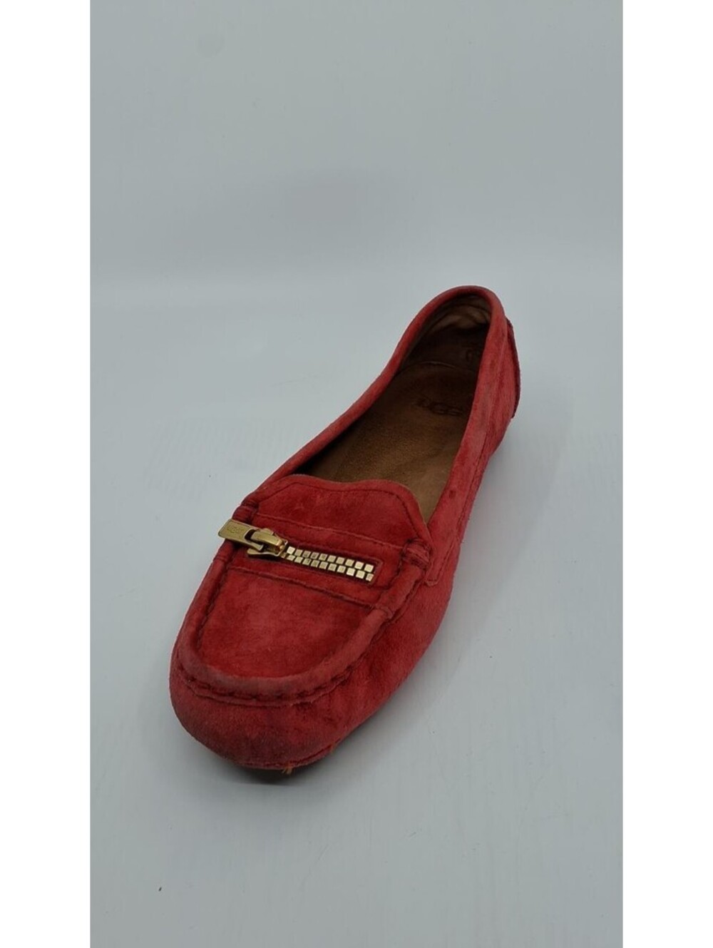 UGG Red Suede Loafers with Gold Zipper